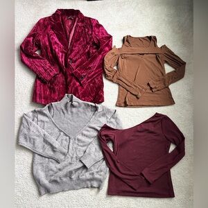 FOUR items: SHEIN Red and Brown Off-the-Shoulder Sweaters and blazer